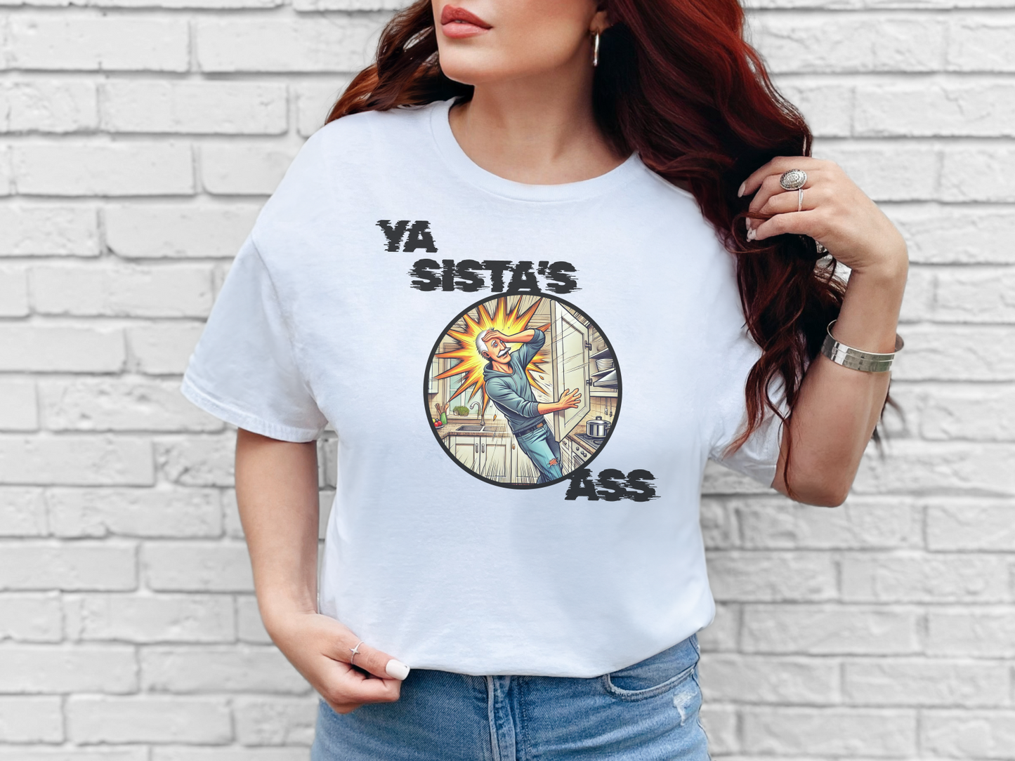 a woman wearing a white t - shirt that says ya sish's ass