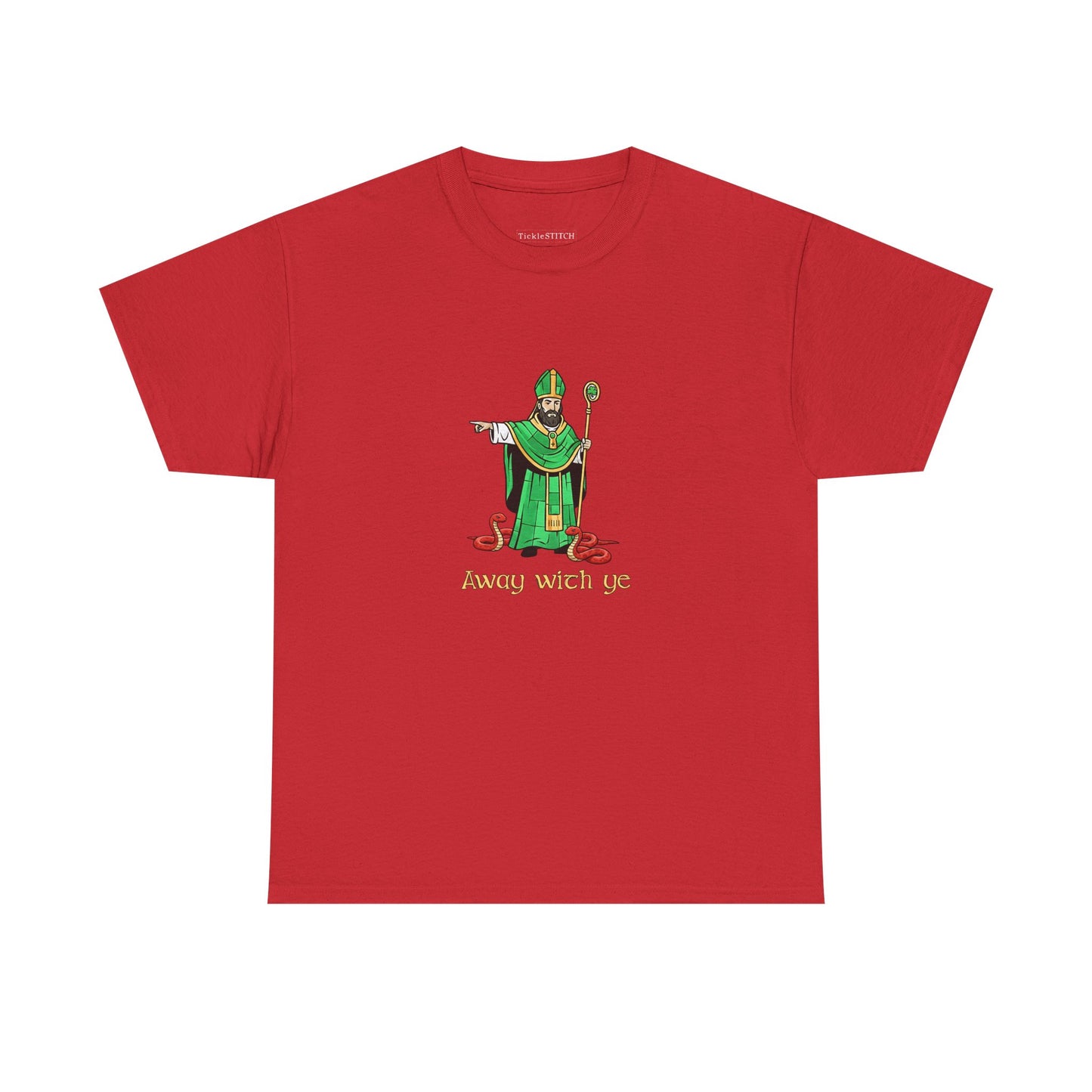 Away with ye St. Patrick Kicking Out Snakes Hand-Drawn Art Tee