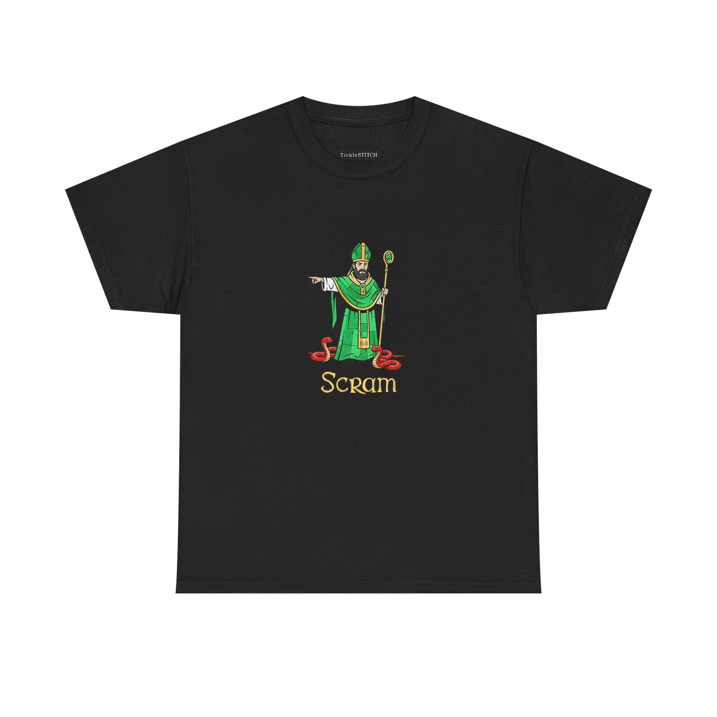 Scram St. Patrick Kicking Out Snakes Hand-Drawn Irish Humor Tee