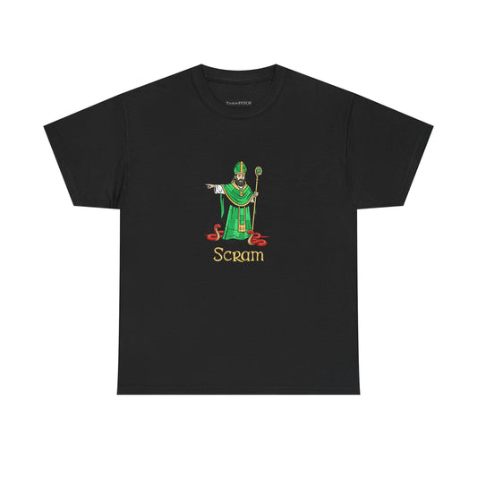 Scram St. Patrick Kicking Out Snakes Hand-Drawn Irish Humor Tee