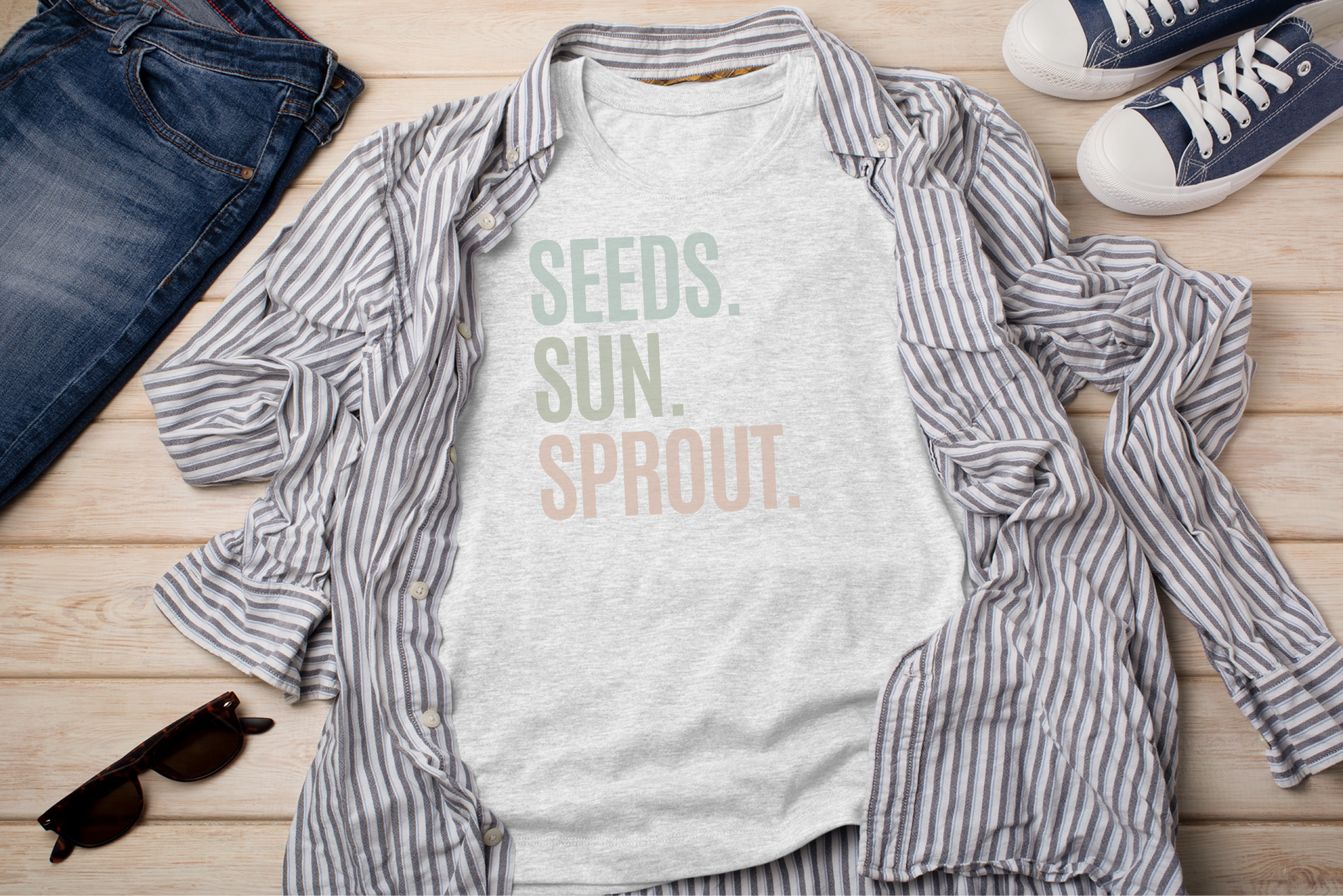 a shirt that says seeds, sun, sprout on it