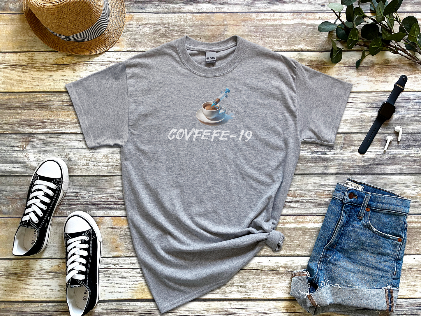 Covid and Coffee, Covfefe-19 Cotton Unisex Funny T-Shirt