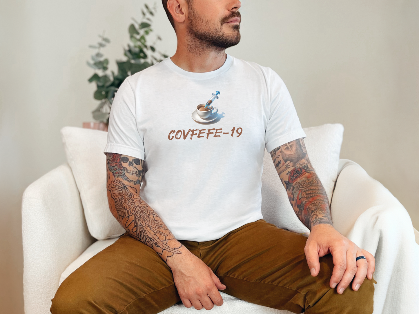 Covid and Coffee, Covfefe-19 Cotton Unisex Funny T-Shirt