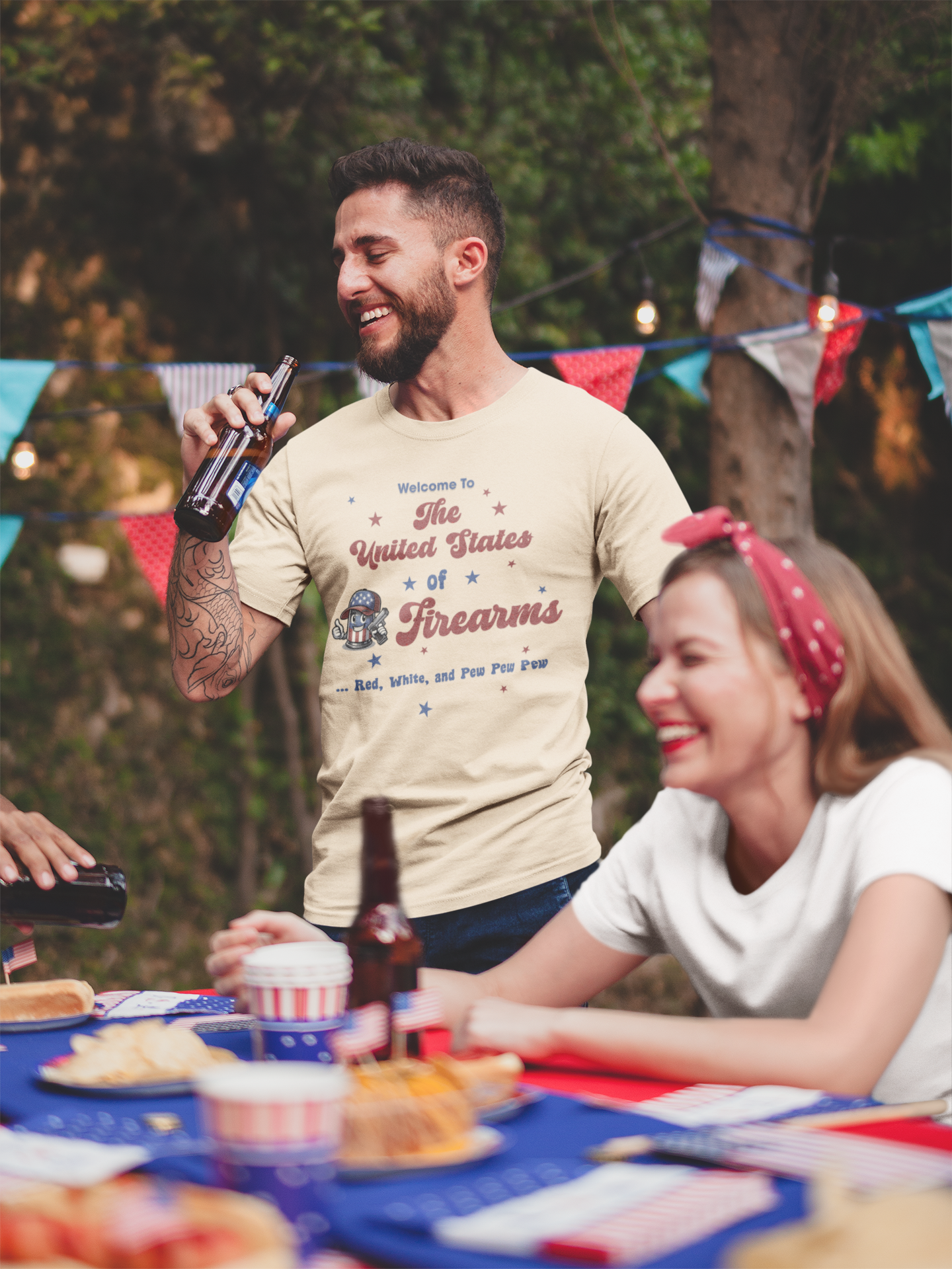 a group of people sitting around a table with food and drinks