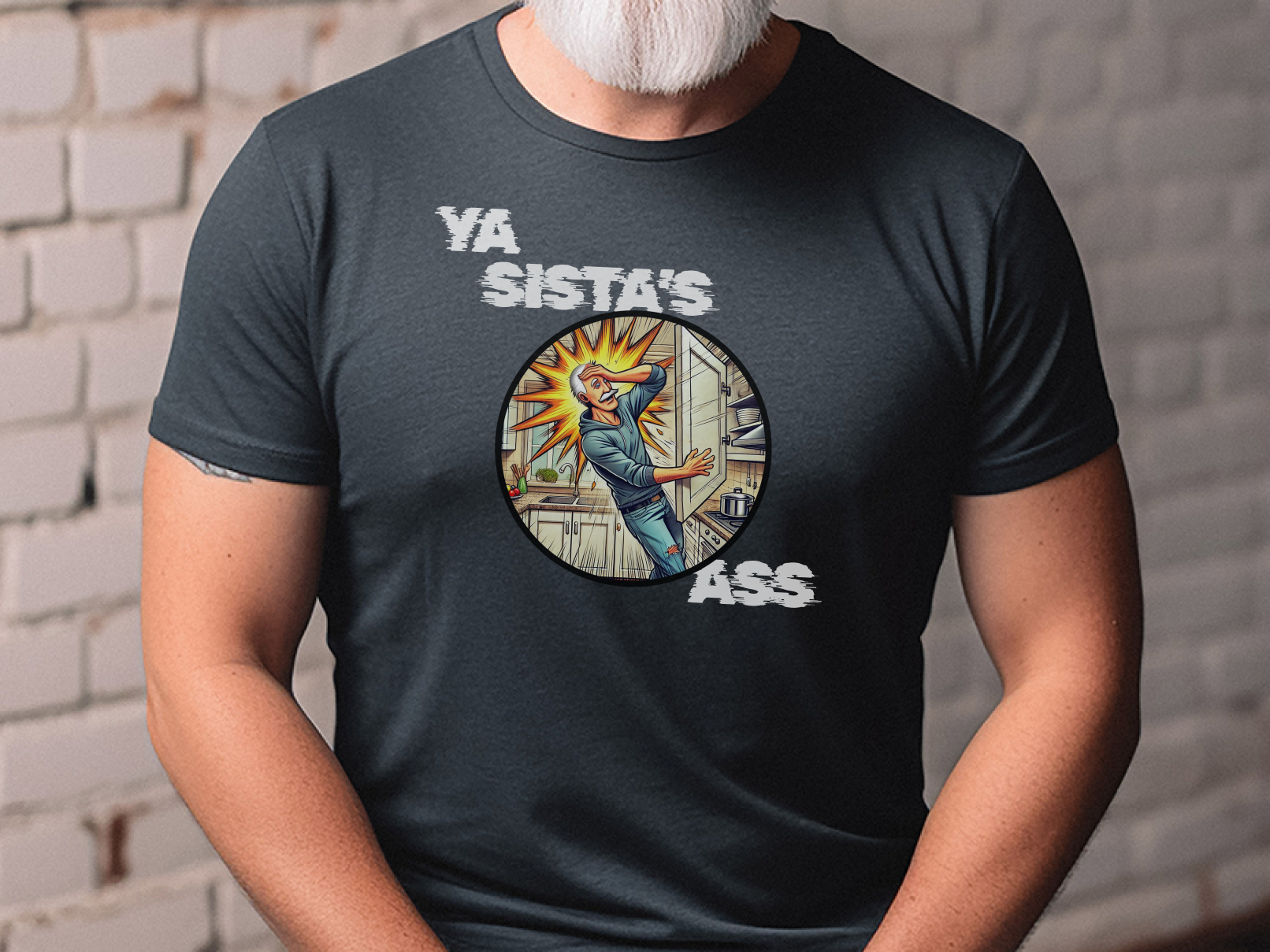 a man with a white beard wearing a ya sista's t - shirt