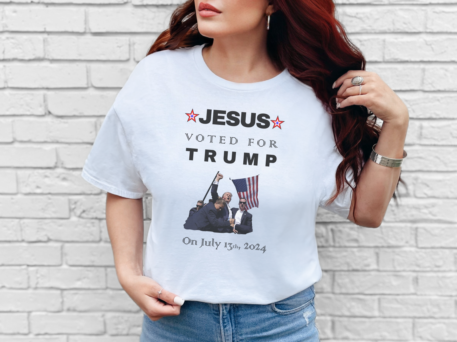 a woman wearing a jesus vote for trump t - shirt