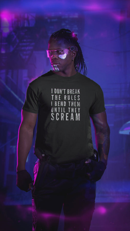 Defiant Gym Humor Tee: I Bend Rules Until They Scream Weightlifting